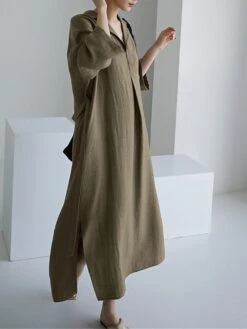 Women's Casual Dress Cotton Linen Dress Shift Dress Midi Dress Linen / Cotton Blend Fashion Basic Outdoor Daily Vacation Shirt Collar Lace Up Pocket Long Sleeve Fall Winter Autumn 2023 Loose Fit -HAYz Clothing Shop iscaqi1693475206144