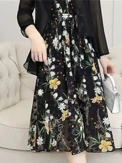 Women's Two Piece Dress Set Print Dress Outdoor Daily Modern Casual Lace Up Ruched Midi Dress V Neck Long Sleeve Floral Regular Fit Black Pink Blue Summer Spring M L XL XXL XXXL -HAYz Clothing Shop isctve1678430835604