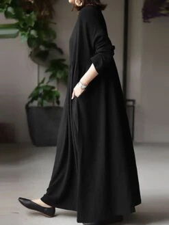 Women's Plus Size Work Dress Black Dress White Dress Fashion Long Dress Maxi Dress Ruched Patchwork Crew Neck Long Sleeve Plain Loose Fit Black White Brown Fall L XL XXL 3XL 4XL -HAYz Clothing Shop isfffo1693374222526