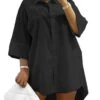Women‘s Plus Size Curve Shirt Dress Solid Color Shirt Collar Long Sleeve Fall Spring Basic Casual Short Mini Dress Casual Daily Dress