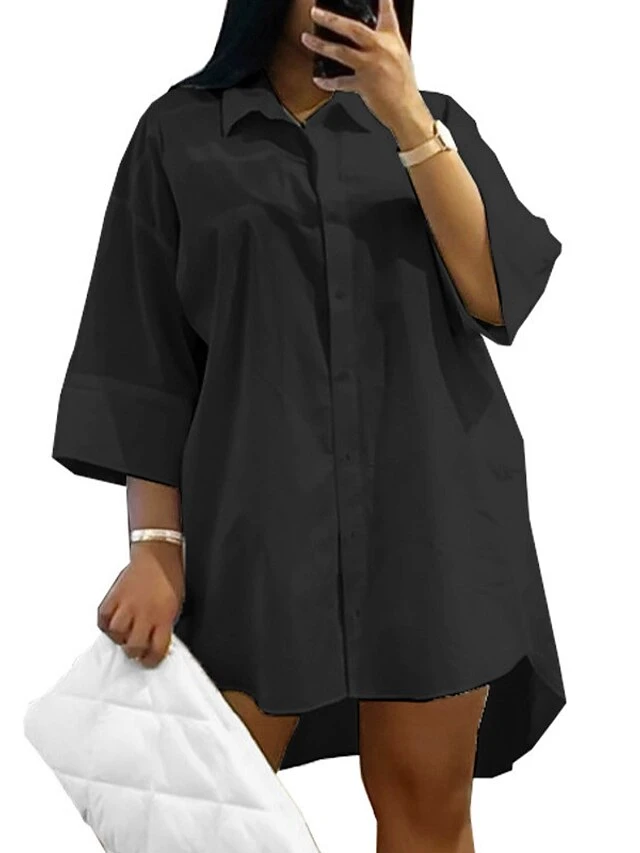 Women‘s Plus Size Curve Shirt Dress Solid Color Shirt Collar Long Sleeve Fall Spring Basic Casual Short Mini Dress Casual Daily Dress 1 Women‘s Plus Size Curve Shirt Dress Solid Color Shirt Collar Long Sleeve Fall Spring Basic Casual Short Mini Dress Casual Daily Dress