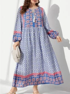 Women's Plus Size Work Dress Shift Dress Fashion Long Dress Maxi Dress Patchwork Print Off Shoulder Long Sleeve Floral Color Block Loose Fit Blue Fall L XL XXL 3XL 4XL -HAYz Clothing Shop isofli1693300567619