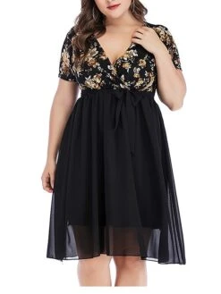 Women‘s Plus Size Curve Party Dress Cocktail Dress Wedding Guest Dress Midi Dress Black Wine Short Sleeve Floral Lace Up Summer Spring Fall V Neck Fashion Birthday Wedding Guest Vacation 2023 -HAYz Clothing Shop isqjyi1691399395612