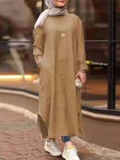 Women's Casual Dress Cotton Linen Dress Abaya Maxi Long Dress Linen / Cotton Blend Classic Casual Outdoor Daily Vacation Crew Neck Pocket Split Long Sleeve Spring Fall Winter 2023 Loose Fit ArmyGreen -HAYz Clothing Shop isujsr1692340968155