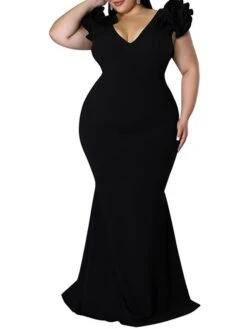Women‘s Plus Size Curve Party Dress Solid Color V Neck Ruffle Short Sleeve Spring Summer Prom Dress Maxi Long Dress Party Back To School Dress Homecoming Dress -HAYz Clothing Shop isuuys1654063575986