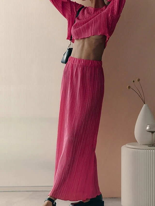 Women's Two Piece Dress Set Casual Dress Skirt Set Outdoor Daily Fashion Streetwear Pleated Midi Dress Crew Neck Long Sleeve Plain Regular Fit Blue Green Rose Red Fall Winter S M L 9 Women's Two Piece Dress Set Casual Dress Skirt Set Outdoor Daily Fashion Streetwear Pleated Midi Dress Crew Neck Long Sleeve Plain Regular Fit Blue Green Rose Red Fall Winter S M L - Image 9