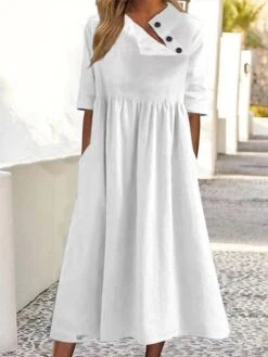 Women's Casual Dress Cotton Linen Dress Swing Dress Midi Dress Cotton Blend Basic Casual Outdoor Daily Crew Neck Ruched Button Half Sleeve Summer Spring 2023 Loose Fit Black White Pink Pure Color S M