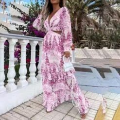 Women's Swing Dress Maxi Long Dress Light Purple Green Blue Yellow Long Sleeve Print Hollow Out Spring Summer V Neck Stylish Elegant Vacation 2023 S M L XL XXL -HAYz Clothing Shop itetjy1627464705635