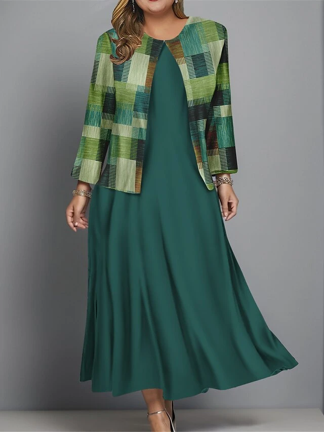 Women's Plus Size Two Piece Dress Set Casual Dress Swing Dress Outdoor Office Fashion Streetwear Print Midi Dress Crew Neck Long Sleeve Plaid Regular Fit Black Blue Brown Fall Winter L XL XXL 3XL 4XL 4 Women's Plus Size Two Piece Dress Set Casual Dress Swing Dress Outdoor Office Fashion Streetwear Print Midi Dress Crew Neck Long Sleeve Plaid Regular Fit Black Blue Brown Fall Winter L XL XXL 3XL 4XL - Image 4