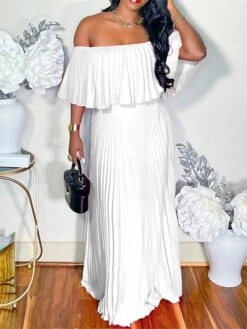 Women‘s Plus Size Curve Party Dress Pure Color Off Shoulder Half Sleeve Spring Fall Elegant Prom Dress Maxi Long Dress Party Dress -HAYz Clothing Shop itjslh1663320363534