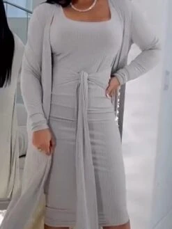 Women's Two Piece Dress Set Casual Dress Sheath Dress Outdoor Daily Fashion Streetwear Lace Up Ruched Midi Dress U Neck Long Sleeve Plain Slim Purple Gray Fall Winter S M L XL -HAYz Clothing Shop itzwjk1693902394700