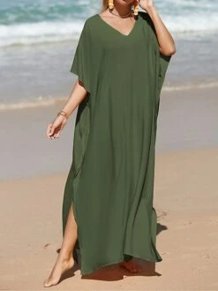 Women's White Dress A Line Dress Cover Up Long Dress Maxi Dress Cotton Basic Casual Outdoor Daily Vacation V Neck Split 3/4 Length Sleeve Summer Spring Fall 2022 Loose Fit Black White Yellow Plain -HAYz Clothing Shop iuchju1672828150513