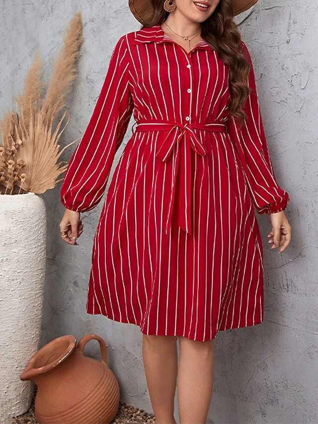 Women's Plus Size Shirt Dress Casual Dress Tunic Dress Maxi Long Dress Outdoor Daily Date Polyester Basic Classic Shirt Collar Button Tie Belt Long Sleeve Spring Fall Winter 2023 Loose Fit Red Striped 2 Women's Plus Size Shirt Dress Casual Dress Tunic Dress Maxi Long Dress Outdoor Daily Date Polyester Basic Classic Shirt Collar Button Tie Belt Long Sleeve Spring Fall Winter 2023 Loose Fit Red Striped - Image 2
