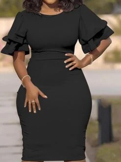 Women‘s Plus Size Curve Work Dress Bodycon Sheath Dress Solid Color Midi Dress Short Sleeve Ruffle Crew Neck Fashion Office Black White Summer Spring XL XXL 3XL 4XL 5XL -HAYz Clothing Shop iudcsj1677650844709
