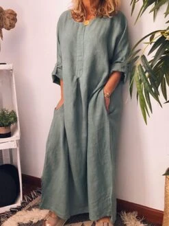 Women's Casual Dress Cotton Linen Dress Black Dress Maxi Long Dress Linen / Cotton Blend Fashion Daily Outdoor Daily Vacation Crew Neck Button Pocket 3/4 Length Sleeve Fall Autumn 2023 Loose Fit -HAYz Clothing Shop iugzwg1693202316967