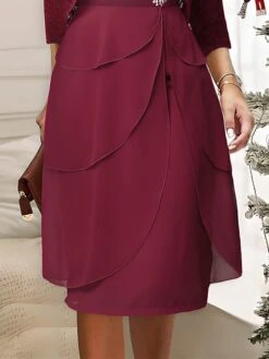 Women's Two Piece Dress Set Party Dress Lace Dress Party Office Fashion Elegant Lace Ruffle Midi Dress V Neck 3/4 Length Sleeve Plain Regular Fit Red Fall Winter S M L XL XXL -HAYz Clothing Shop iuimws1697167539069