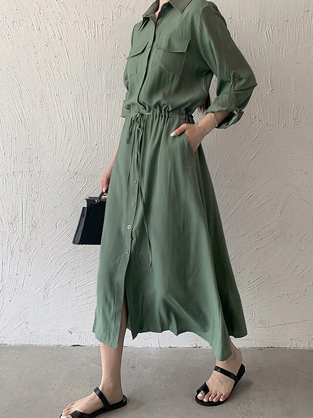 Women's Shirt Dress Casual Dress Maxi Long Dress Outdoor Daily Date Polyester Fashion Classic Shirt Collar Button Pocket Long Sleeve Fall Winter 2023 Loose Fit ArmyGreen Black Brown Pure Color S M L 2 Women's Shirt Dress Casual Dress Maxi Long Dress Outdoor Daily Date Polyester Fashion Classic Shirt Collar Button Pocket Long Sleeve Fall Winter 2023 Loose Fit ArmyGreen Black Brown Pure Color S M L - Image 2