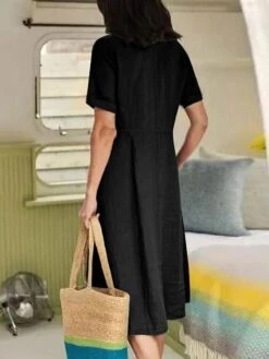 Women's Casual Dress Cotton Linen Dress A Line Dress Maxi Long Dress Cotton Blend Basic Elegant Outdoor Daily Vacation V Neck Button Pocket Short Sleeve Summer Spring Fall 2023 Regular Fit Black -HAYz Clothing Shop iustez1654855738178