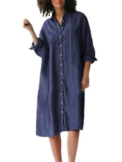 Women's Shirt Dress Casual Dress Cotton Linen Dress Midi Dress Linen / Cotton Blend Basic Classic Outdoor Daily Vacation Shirt Collar Button Long Sleeve Spring Fall Autumn 2023 Loose Fit ArmyGreen -HAYz Clothing Shop ivhixs1692267145434
