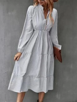 Women's Casual Dress Cotton Linen Dress Swing Dress Midi Dress Polyester Fashion Modern Outdoor Daily Vacation Split Neck Ruffle Button Long Sleeve Fall Winter Autumn 2023 Regular Fit Light Green -HAYz Clothing Shop ivihuo1691462578553