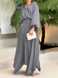 Women's Two Piece Dress Set Casual Dress Skirt Set Daily Date Streetwear Elegant Pocket Long Dress Maxi Dress Shirt Collar Long Sleeve Plain Loose Fit Black Wine Blue Fall Winter S M L XL XXL -HAYz Clothing Shop ivircj1694085332794