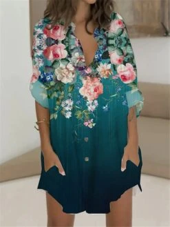 Women's T Shirt Dress Casual Dress Shift Dress Mini Dress Outdoor Daily Vacation Polyester Fashion Casual Stand Collar Button Pocket Long Sleeve Summer Spring Fall 2023 Regular Fit White Blue Green -HAYz Clothing Shop ivmvjd1679383012582