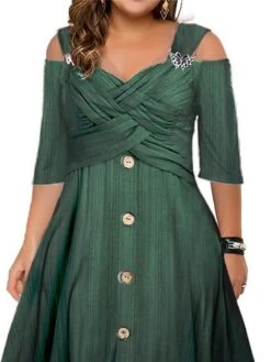 Women‘s Plus Size Curve Party Dress Swing Dress A Line Dress Solid Color Long Dress Maxi Dress Half Sleeve Button Twist Strap Fashion Party Green Summer Spring L XL XXL 3XL 4XL -HAYz Clothing Shop ivsgst1681729953955