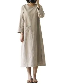 Women's Casual Dress Cotton Linen Dress A Line Dress Cotton Blend Fashion Daily Work Holiday Weekend Crew Neck Button Baggy Long Sleeve Navy Black Wine S M L XL 2XL -HAYz Clothing Shop ivykad1690547089466