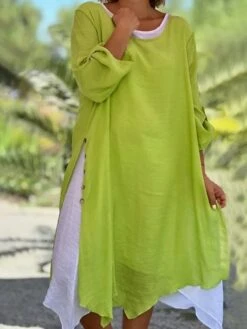 Women's Casual Dress Cotton Linen Dress Shift Dress Midi Dress Linen / Cotton Blend Fashion Traditional / Vintage Outdoor Daily Vacation Crew Neck Button Irregular Hem Long Sleeve Fall Winter Autumn