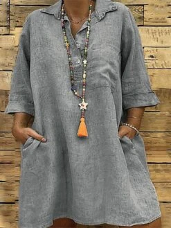 Women‘s Plus Size Curve Casual Dress Solid Color Shirt Collar 3/4 Length Sleeve Fall Spring Casual Classic Mini Dress Daily Vacation Dress -HAYz Clothing Shop iwmzet1672022971534