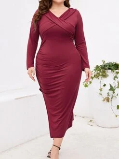 Women‘s Plus Size Curve Party Dress Cocktail Dress Bodycon Midi Dress Black Wine Purple Long Sleeve Pure Color Ruched Spring Fall Winter V Neck Fashion Winter Dress Birthday Wedding Guest 2023 -HAYz Clothing Shop iwrgyn1691464076545