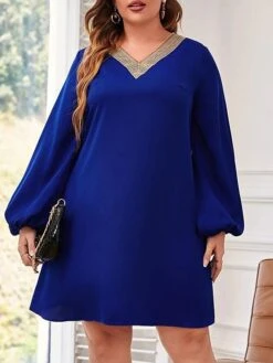 Women's Plus Size Curve Party Dress Cocktail Dress Wedding Guest Dress Midi Dress Blue Long Sleeve Color Block Patchwork Spring Fall Winter V Neck Fashion Birthday Wedding Guest Vacation XL XXL 3XL -HAYz Clothing Shop iwsjid1692170753535