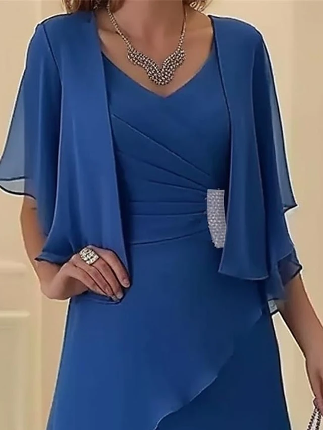 Women's Two Piece Dress Set Casual Dress Chiffon Dress Outdoor Office Fashion Elegant Layered Midi Dress V Neck Half Sleeve Plain Regular Fit Navy Blue Summer Spring S M L XL XXL 2 Women's Two Piece Dress Set Casual Dress Chiffon Dress Outdoor Office Fashion Elegant Layered Midi Dress V Neck Half Sleeve Plain Regular Fit Navy Blue Summer Spring S M L XL XXL - Image 2