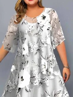 Women‘s Plus Size Curve Casual Dress Dress Set Chiffon Dress Floral Midi Dress Half Sleeve Print Crew Neck Fashion Daily Gray Summer Spring L XL XXL 3XL 4XL -HAYz Clothing Shop iwwwqc1678950795311