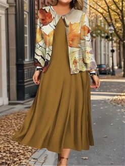 Women's Plus Size Two Piece Dress Set Casual Dress Swing Dress Outdoor Office Fashion Streetwear Print Midi Dress Crew Neck Long Sleeve Leaf Floral Regular Fit Pink Blue Brown Fall Winter L XL XXL