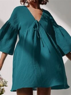 Women's Casual Dress Cotton Linen Dress Mini Dress Cotton Daily Basic Outdoor Home Daily V Neck Ruched Button 3/4 Length Sleeve Fall Autumn 2023 Loose Fit Navy Blue Blue Purple Plain S M L -HAYz Clothing Shop ixeezg1692936382675