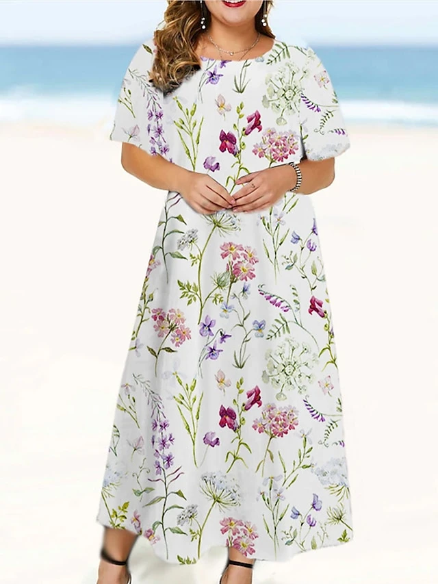Women‘s Plus Size Curve Casual Dress Floral Long Dress Maxi Dress Short Sleeve Print Crew Neck Fashion Outdoor White Royal Blue Spring Summer L XL XXL 3XL 4XL 3 Women‘s Plus Size Curve Casual Dress Floral Long Dress Maxi Dress Short Sleeve Print Crew Neck Fashion Outdoor White Royal Blue Spring Summer L XL XXL 3XL 4XL - Image 3
