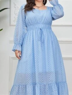 Women's Plus Size Prom Dress Party Dress Corset Dress Long Dress Maxi Dress Light Blue Long Sleeve Pure Color Drawstring Fall Winter Autumn Square Neck Fashion Winter Dress Evening Party Wedding Guest -HAYz Clothing Shop ixthzv1693535311565