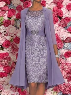 Women's Two Piece Dress Set Party Dress Lace Dress Party Cocktail Party Fashion Elegant Lace Midi Dress Crew Neck 3/4 Length Sleeve Plain Regular Fit Purple Summer Spring S M L XL XXL