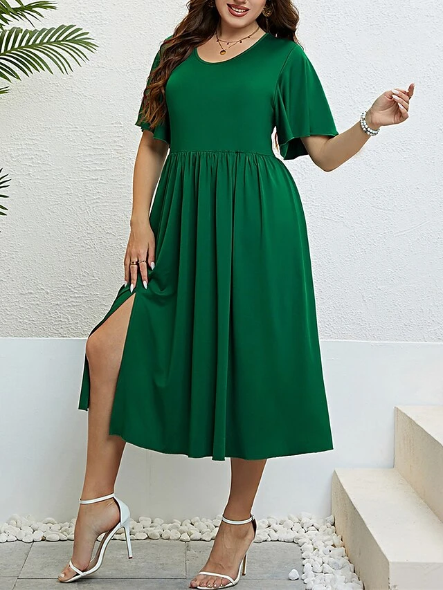 Women‘s Plus Size Curve Party Dress Cocktail Dress Wedding Guest Dress Midi Dress Green Short Sleeve Pure Color Split Summer Spring Fall Crew Neck Fashion Birthday Wedding Guest Vacation 2023 5 Women‘s Plus Size Curve Party Dress Cocktail Dress Wedding Guest Dress Midi Dress Green Short Sleeve Pure Color Split Summer Spring Fall Crew Neck Fashion Birthday Wedding Guest Vacation 2023 - Image 5