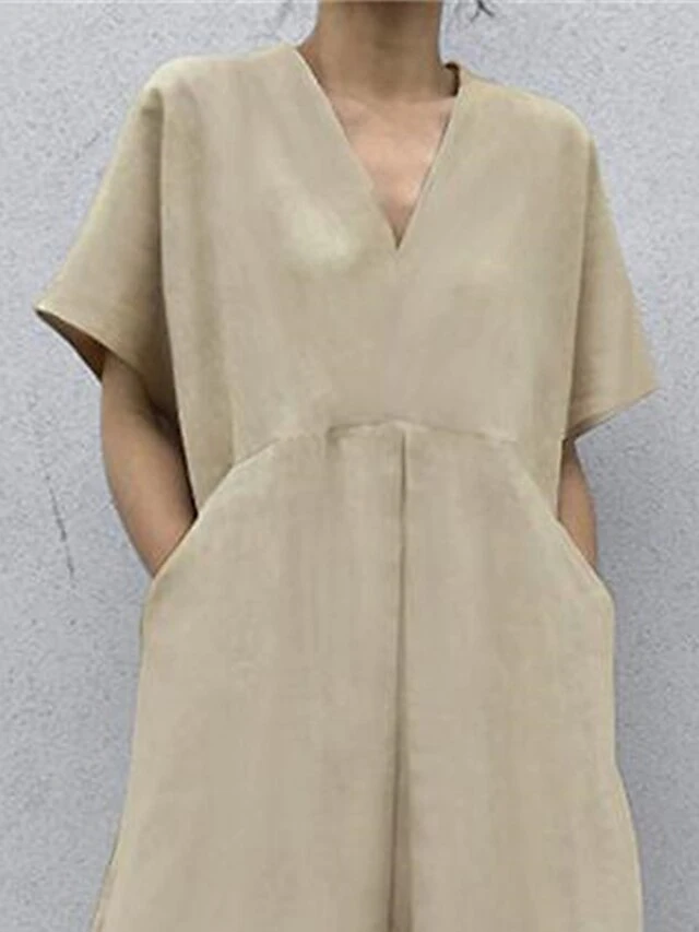 Women's Casual Dress Cotton Dress Swing Dress Maxi Long Dress Cotton Basic Classic Outdoor Daily Vacation V Neck Pocket Short Sleeve Summer Spring 2023 Regular Fit Black Khaki Plain S M L XL 2 Women's Casual Dress Cotton Dress Swing Dress Maxi Long Dress Cotton Basic Classic Outdoor Daily Vacation V Neck Pocket Short Sleeve Summer Spring 2023 Regular Fit Black Khaki Plain S M L XL - Image 2