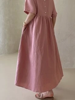 Women's Casual Dress Cotton Linen Dress Tiered Dress Maxi Long Dress Linen / Cotton Blend Daily Casual Outdoor Home Daily Crew Neck Pocket Short Sleeve Summer Spring 2023 Loose Fit Yellow Pink Plain -HAYz Clothing Shop iypgmk1689933419076