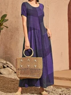 Women's Casual Dress Swing Dress Summer Dress Long Dress Maxi Dress Polyester Streetwear Casual Outdoor Daily Holiday Crew Neck Patchwork Short Sleeve Summer Spring 2023 Loose Fit Red Blue Purple -HAYz Clothing Shop iyuwxm1681297399277