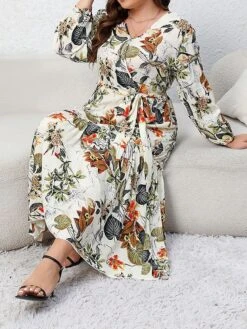 Women's Casual Dress Swing Dress Print Dress Leaf Floral Ruffle Print V Neck Long Dress Maxi Dress Fashion Streetwear Outdoor Daily Long Sleeve Regular Fit Blue Apricot Fall Winter XL XXL 3XL 4XL -HAYz Clothing Shop izdndm1697539483485