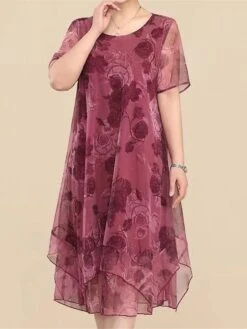 Women's Plus Size Party Dress Cocktail Dress Wedding Guest Dress Midi Dress Wine Blue Short Sleeve Floral Mesh Summer Spring Fall Crew Neck Fashion Wedding Guest Vacation Summer Dress 2023 L XL XXL -HAYz Clothing Shop izjkyw1690176957633