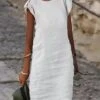 Women's Casual Dress Cotton Linen Dress Shift Dress Midi Dress Linen / Cotton Blend Basic Classic Outdoor Daily Vacation Crew Neck Button Short Sleeve Summer Spring 2023 Regular Fit White Pink Royal