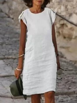 Women's Casual Dress Cotton Linen Dress Shift Dress Midi Dress Linen / Cotton Blend Basic Classic Outdoor Daily Vacation Crew Neck Button Short Sleeve Summer Spring 2023 Regular Fit White Pink Royal