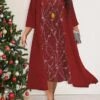 Women's Plus Size Curve Velvet Dress Casual Dress Winter Dress Floral Midi Dress 3/4 Length Sleeve Fake Two Piece Crew Neck Fashion Christmas Wine Fall Winter L XL XXL 3XL 4XL