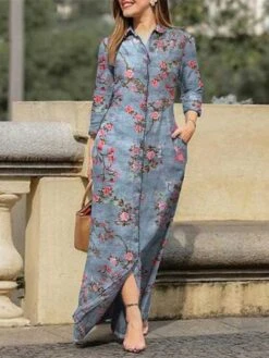 Women's Shirt Dress Casual Dress Shift Dress Maxi Long Dress Winter Dress Daily Holiday Polyester Casual Mature Shirt Collar Button Pocket Long Sleeve Summer Spring Fall 2023 Regular Fit Pink Blue -HAYz Clothing Shop izttkw1657786308322