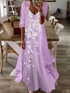 Women's Casual Dress Dress Set Two Piece Dress Long Dress Maxi Dress Purple Brown Green Half Sleeve Flower Print Summer Spring V Neck Fashion Vacation 2023 S M L XL XXL 3XL -HAYz Clothing Shop jaafkm1679277851302